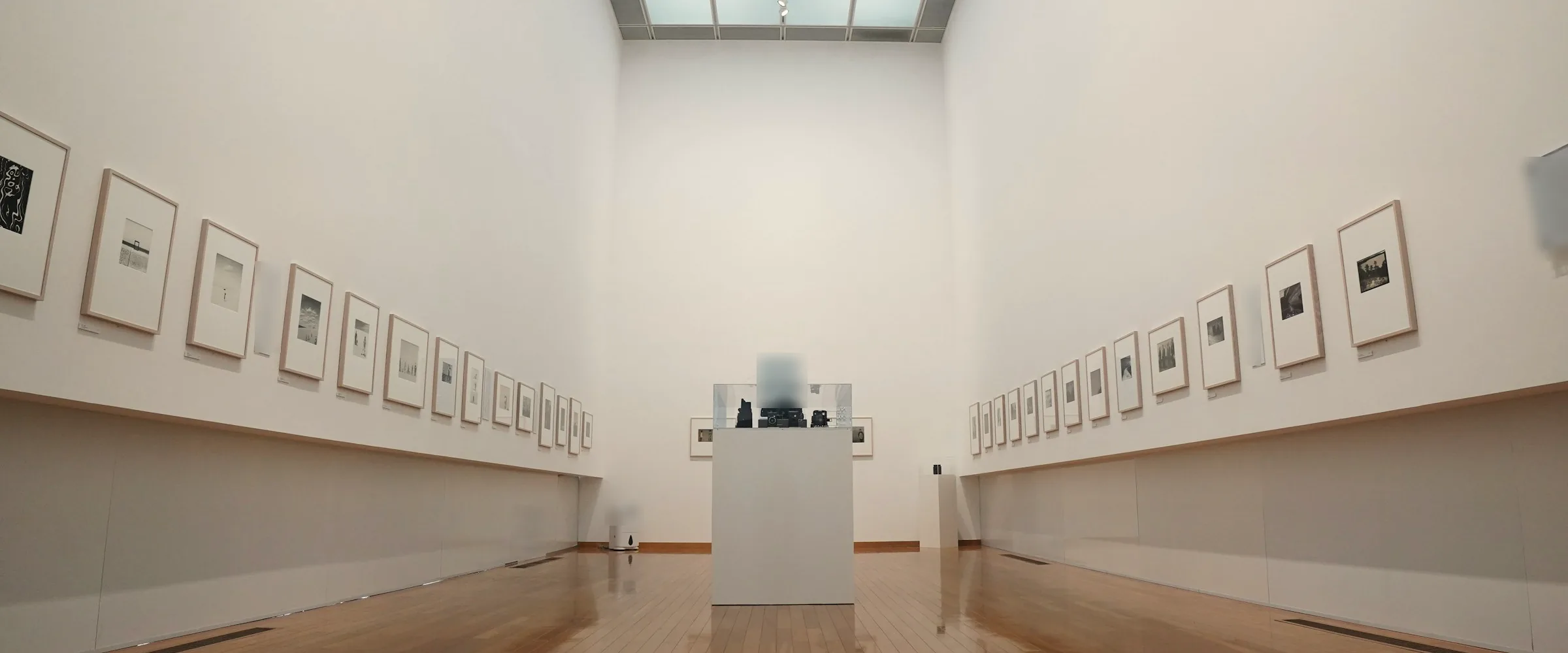 Skylit white gallery hall with framed prints along both walls and a display plinth at the centre