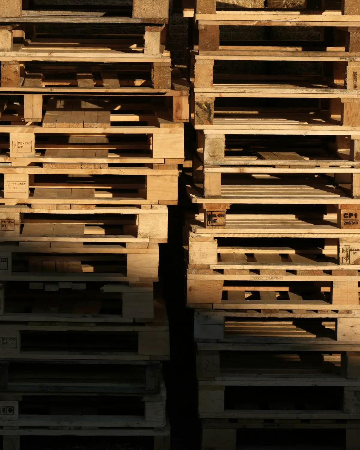 Stacks of heat-treated wooden pallets in low, warm sunlight