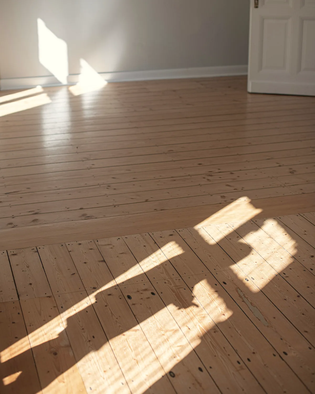 Afternoon sunlight falling across the pine floor of an empty room