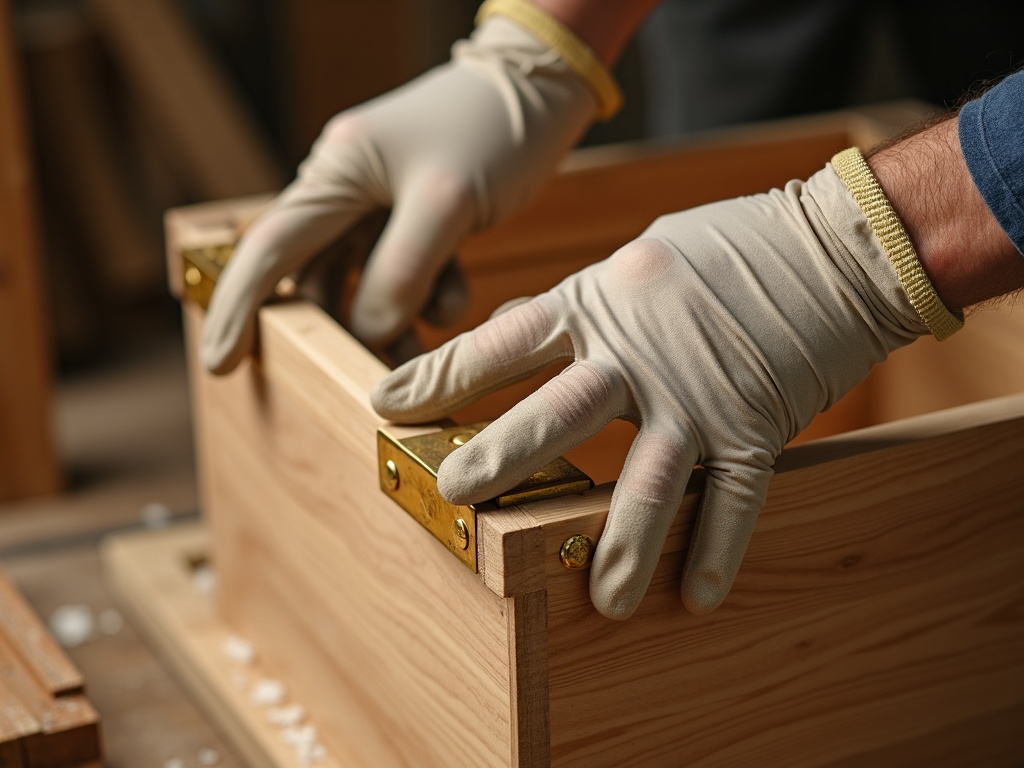 Gloved hands fitting protective hardware on a custom wooden export crate