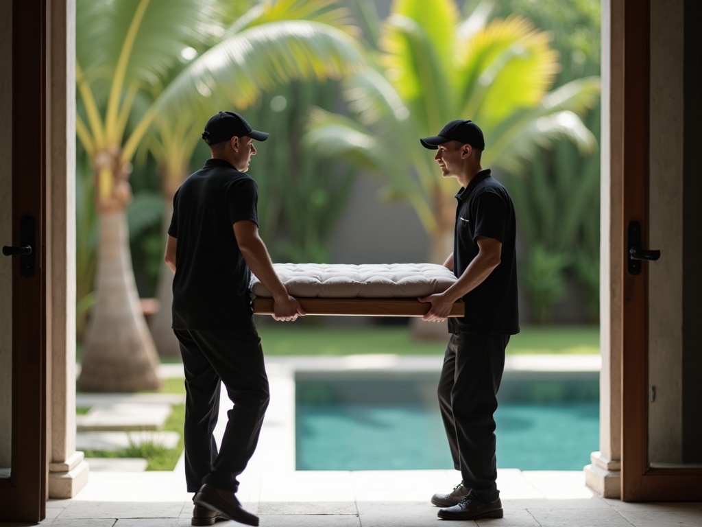White-glove team carrying a wrapped console table into a tropical villa