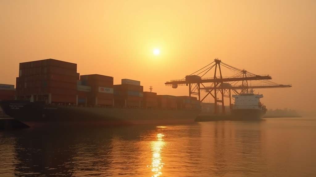 Cargo containers and vessel at an Indonesian port at golden hour