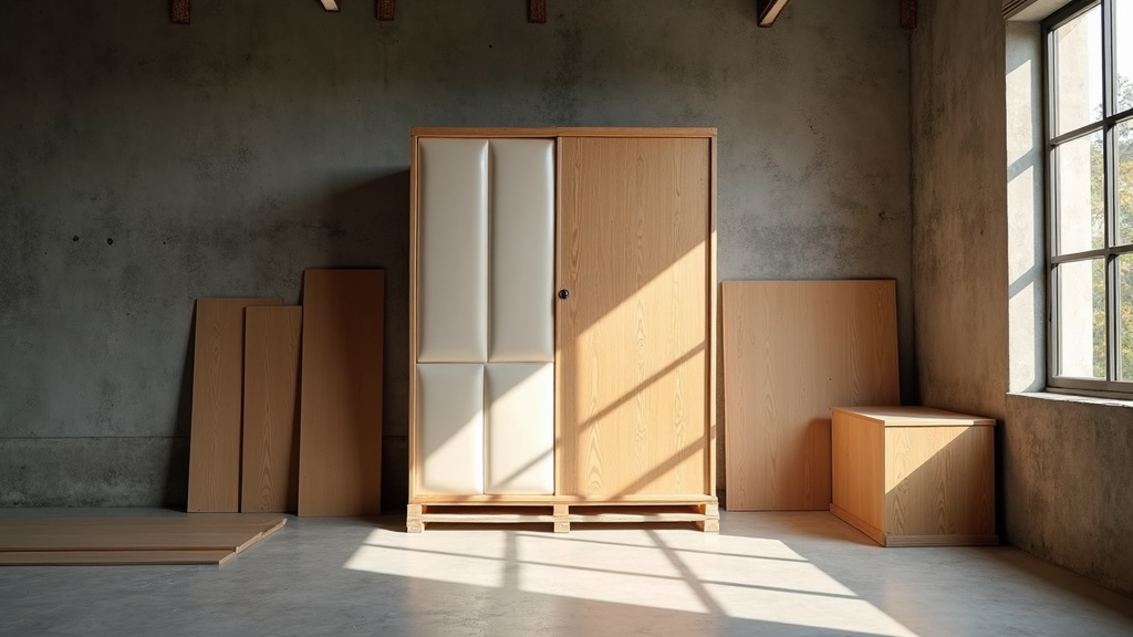 Teak armoire wrapped in protective padding beside custom crate panels in a Bali import atelier